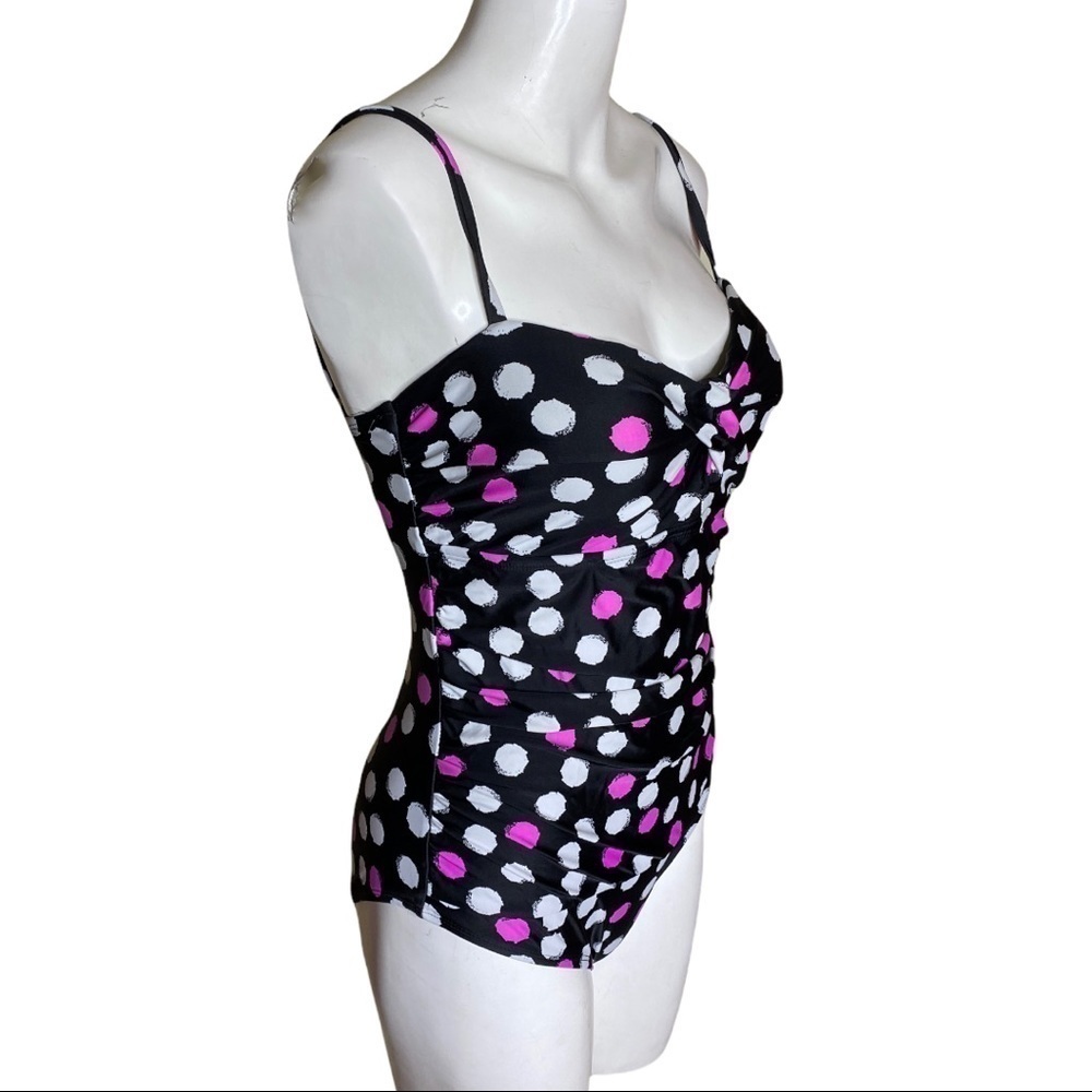 Catalina Swimsuit One Piece Polka Dot Black Pink & White Ruched Slimming - Picture 2 of 8